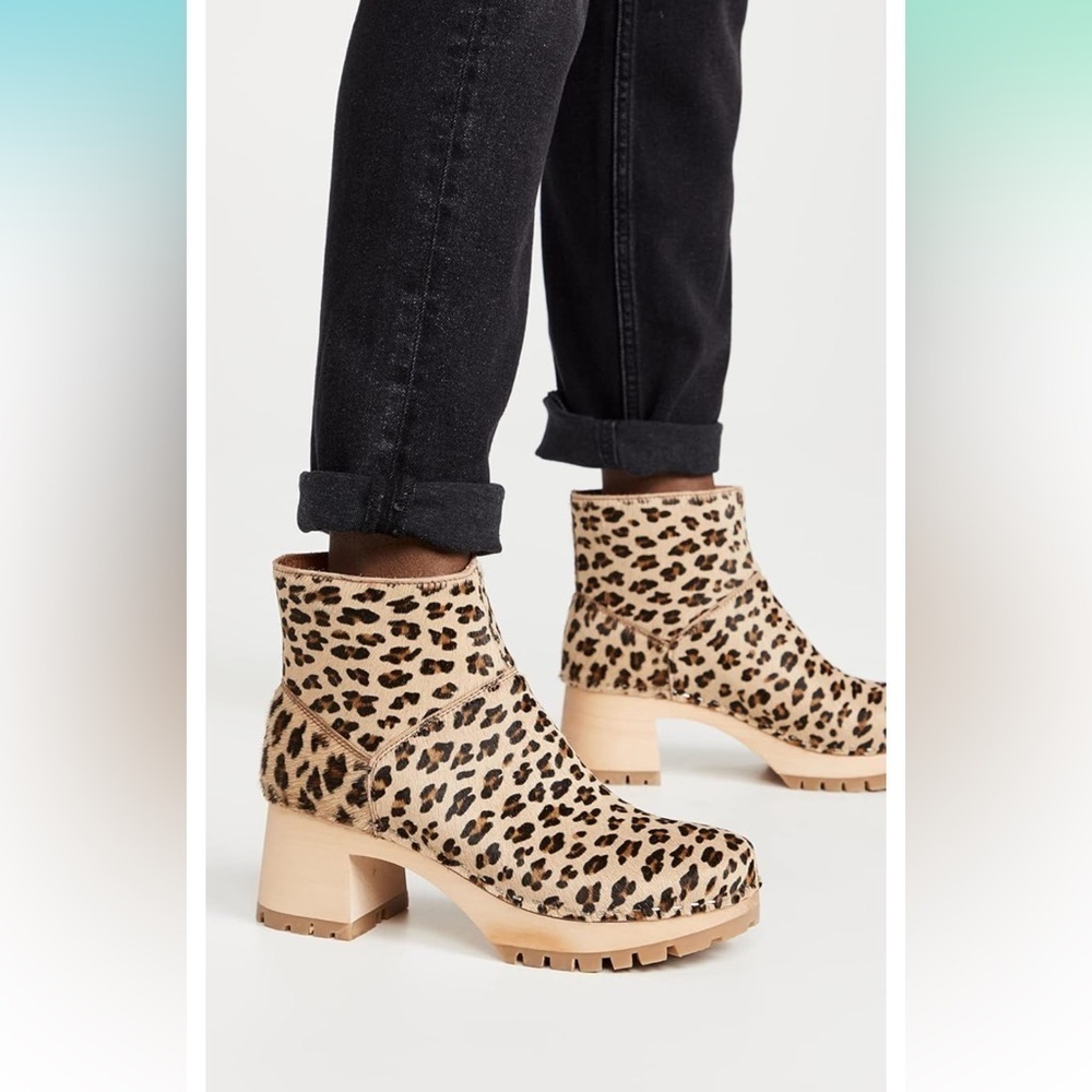 Swedish Hasbeens Leopard Calf Hair Clog Booties Handmade NWT $470 Size 6.5/37
